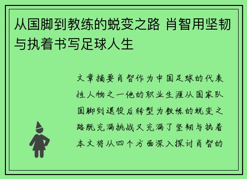 从国脚到教练的蜕变之路 肖智用坚韧与执着书写足球人生